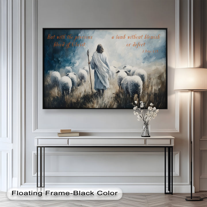 Spiritual pastoral scene with scripture from 1 Peter 1:19.
