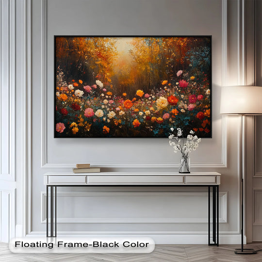 Radiant colors draw the eye to the vibrant, warm, and luminous focal point of this Autumn Floral Meadow oil painting home decor.