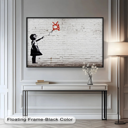 Detailed oil painting reproduction print reveals subtle textures and expertly rendered details, highlighting the material quality in this 'Unplugged Dreams' Banksy-inspired piece.