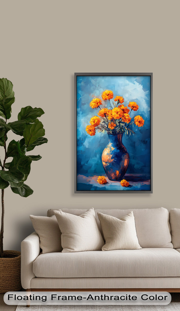 Golden Marigolds in Midnight Blue – Flower Oil Painting