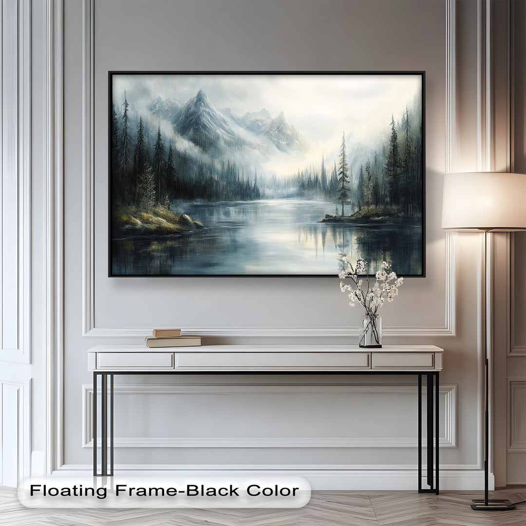 A misty mountain lake emerges in this atmospheric painting, where towering peaks and dense evergreen forests reflect beautifully in the still, glassy waters.