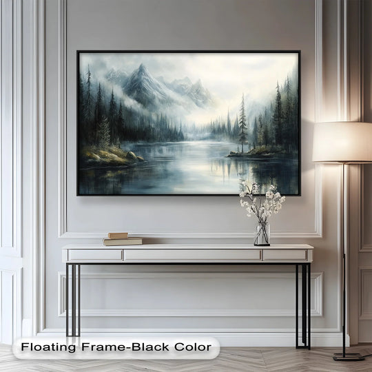 Muted color saturation enhances the serene beauty of this foggy green forest landscape oil painting decoration, creating a mystical and tranquil visual experience.