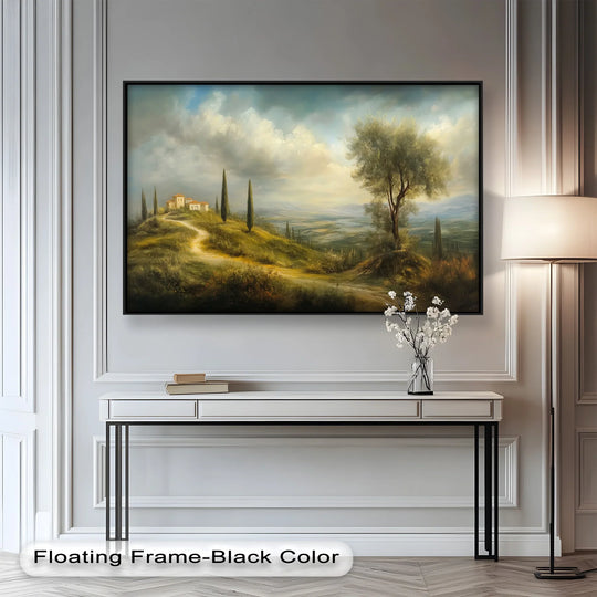 A peaceful countryside scene with a winding path leading to a hilltop villa, surrounded by cypress trees under a partly cloudy sky.

