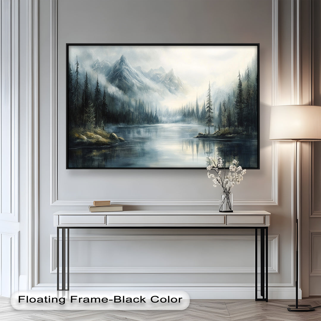 This breathtaking landscape painting captures a misty mountain lake surrounded by towering pine trees and dramatic, snow-dusted peaks.