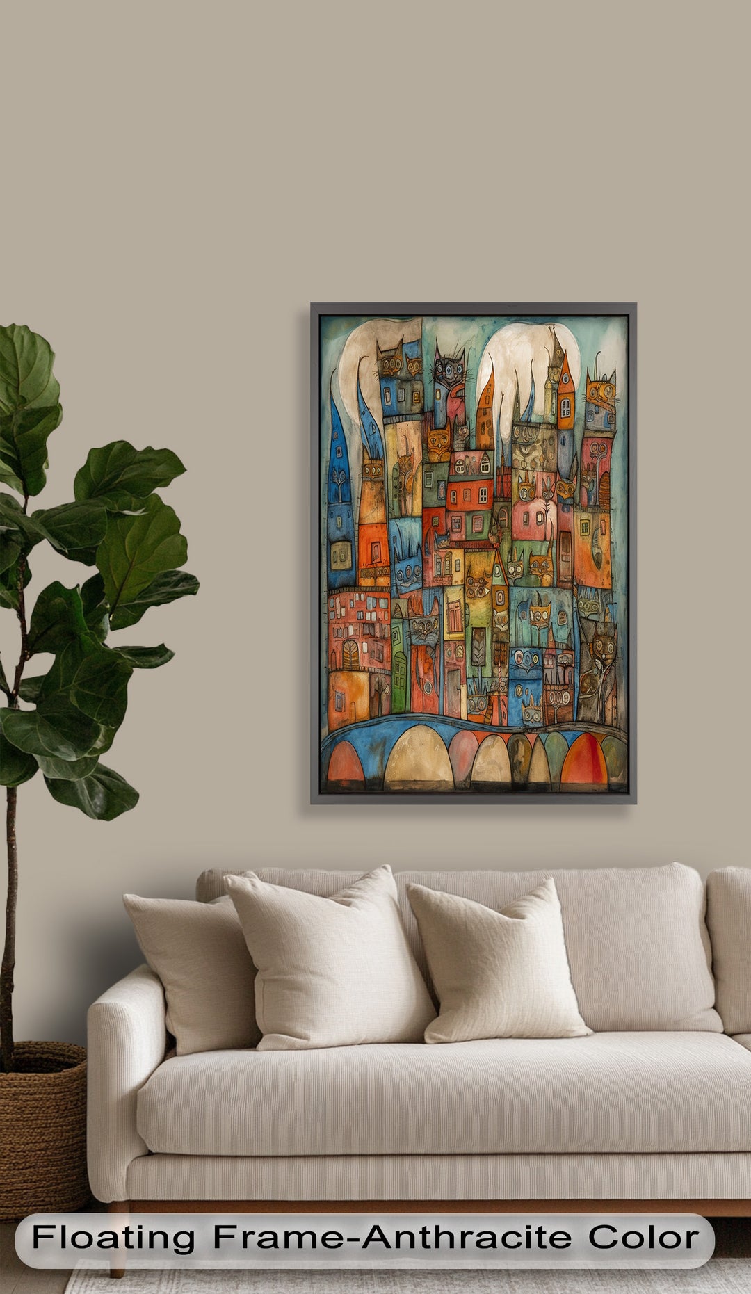 Whimsical Cat Cityscape – Surreal Architecture and Feline Picasso Oil Painting