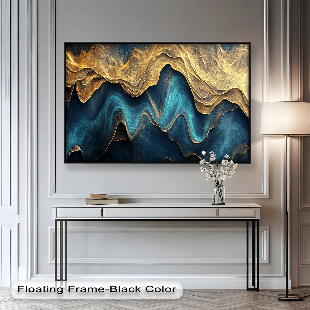 Abstract landscape painting with flowing golden layers and deep teal waves.
