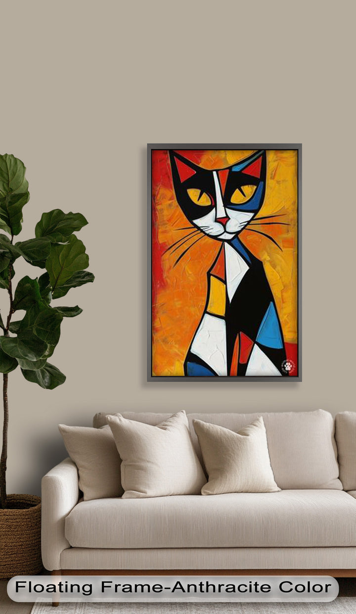 Geometrische Katze in kräftigen Farben – Picasso-Ölgemälde