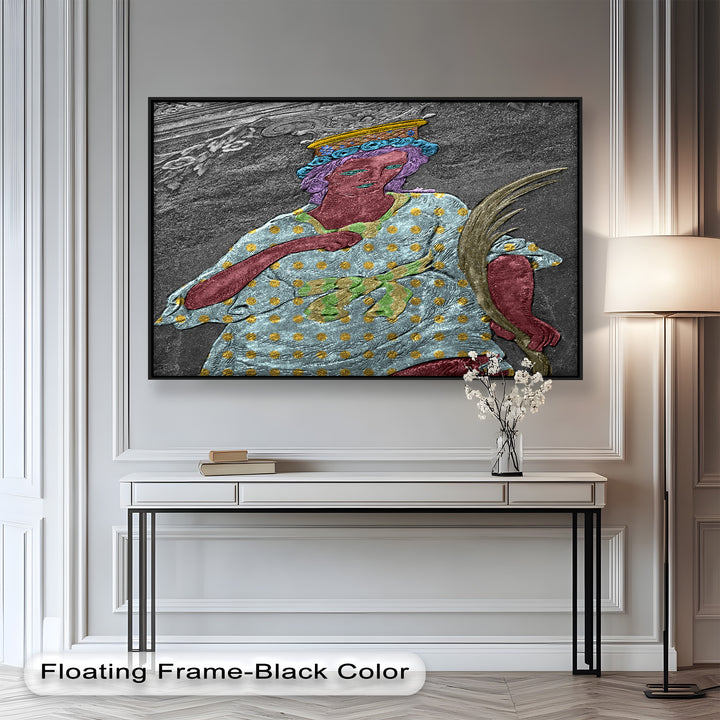 Geheiligte Blüte – Polychromes Engelrelief-Ölgemälde