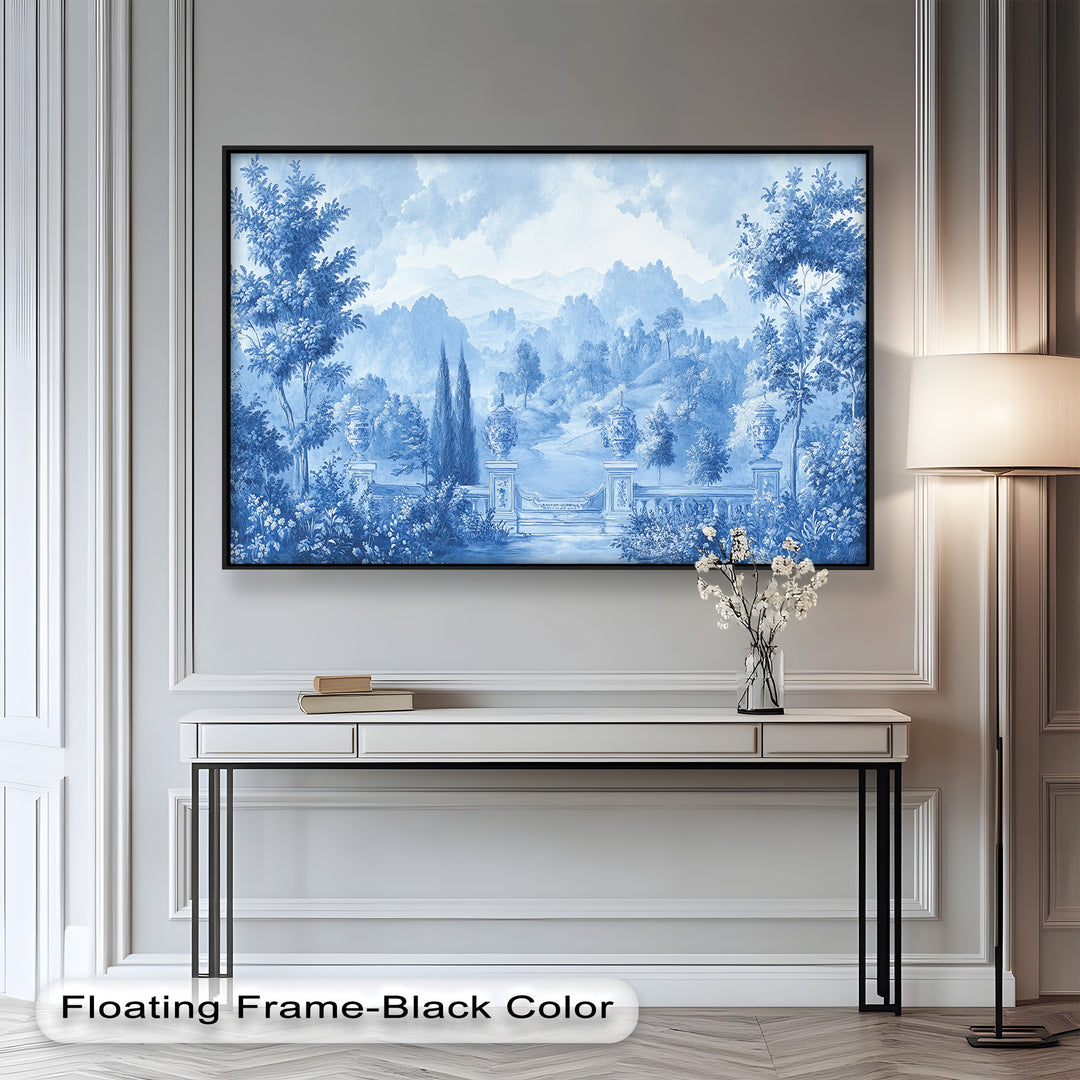 This elegant painting in soft blue tones features a classical garden landscape with ornate gates, cypress trees, and distant hills bathed in ethereal light.

