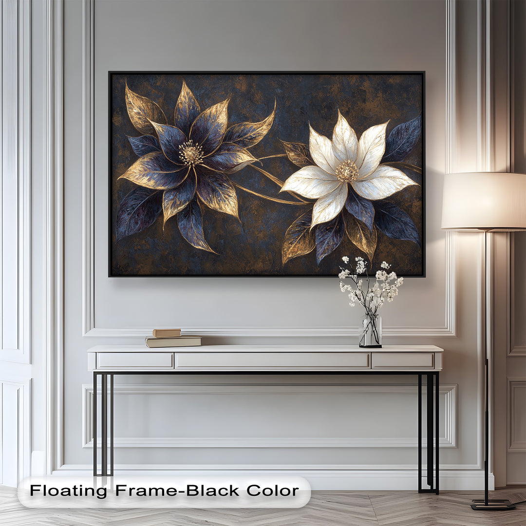 Stylized decorative flowers with a rich contrast of black, white, and gold.






