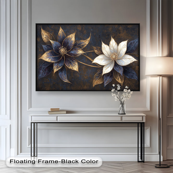Stylized decorative flowers with a rich contrast of black, white, and gold.






