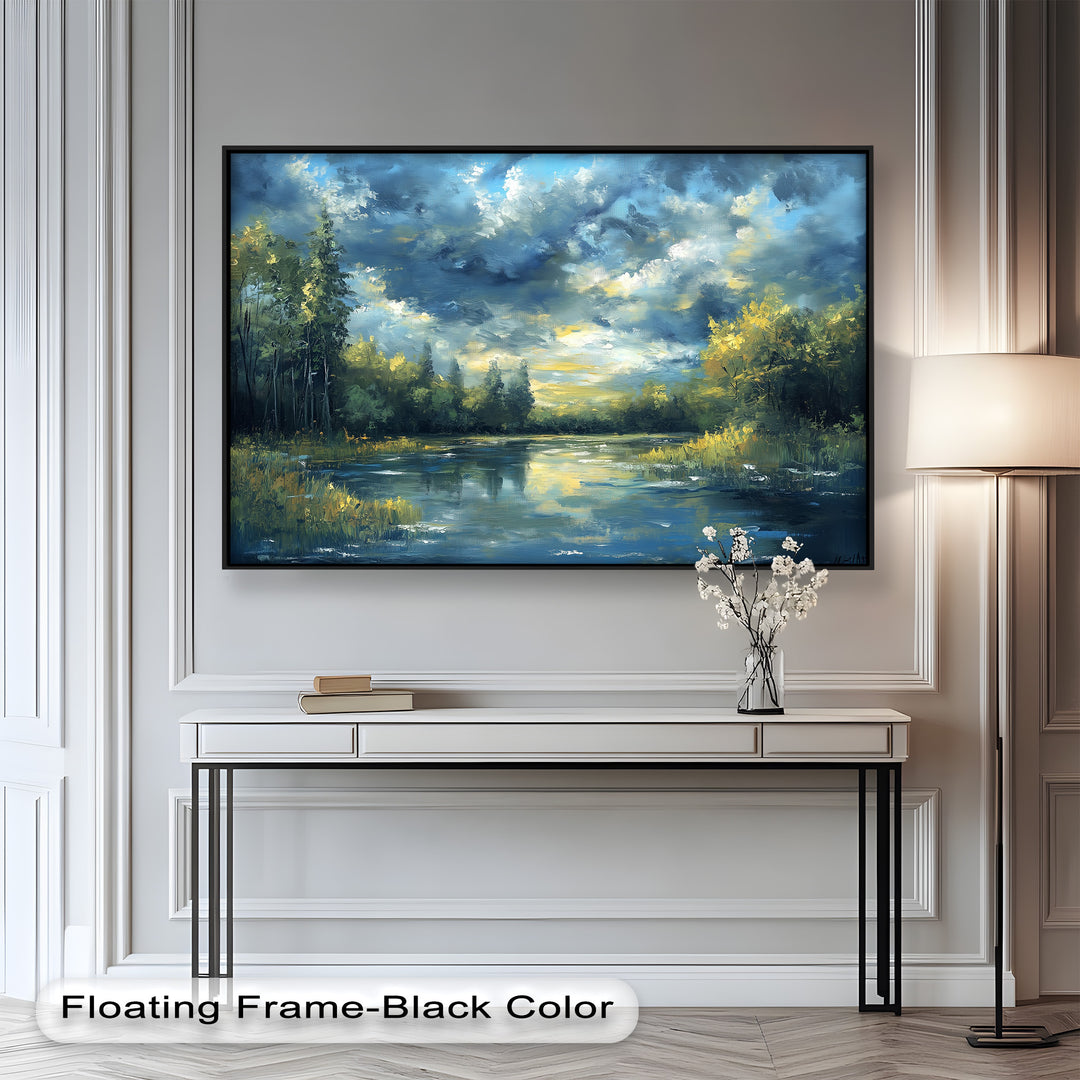 Dramatic sky over peaceful river with lush forest reflections.
