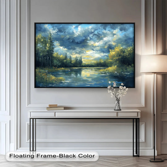 Dramatic color contrast illuminates the serene 'Forest River' oil painting art piece, showcasing a reflective lake against a vividly clouded sky.