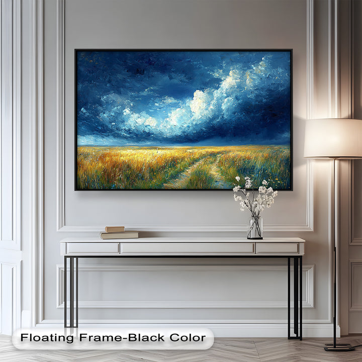 The golden grasses glow beneath the moody sky, creating a powerful balance between light and shadow, calm and tension.