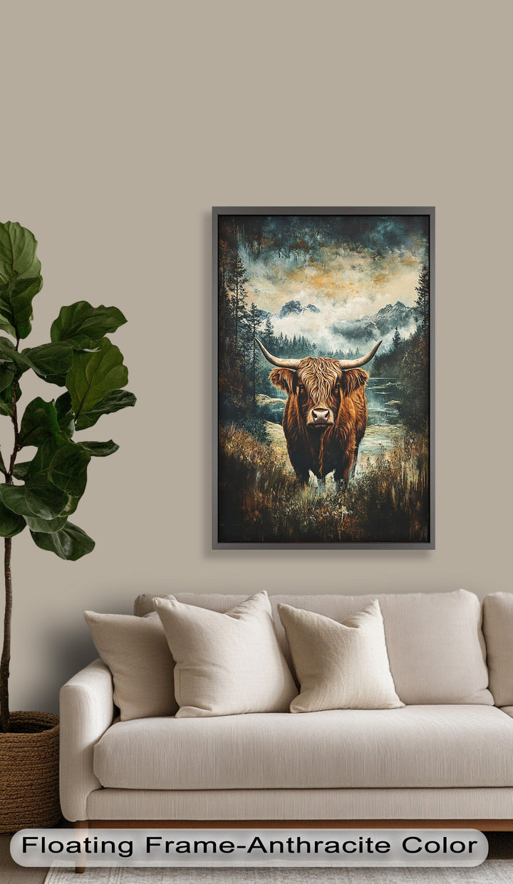 Highland Cow in Misty Pines – Wilderness Oil Painting