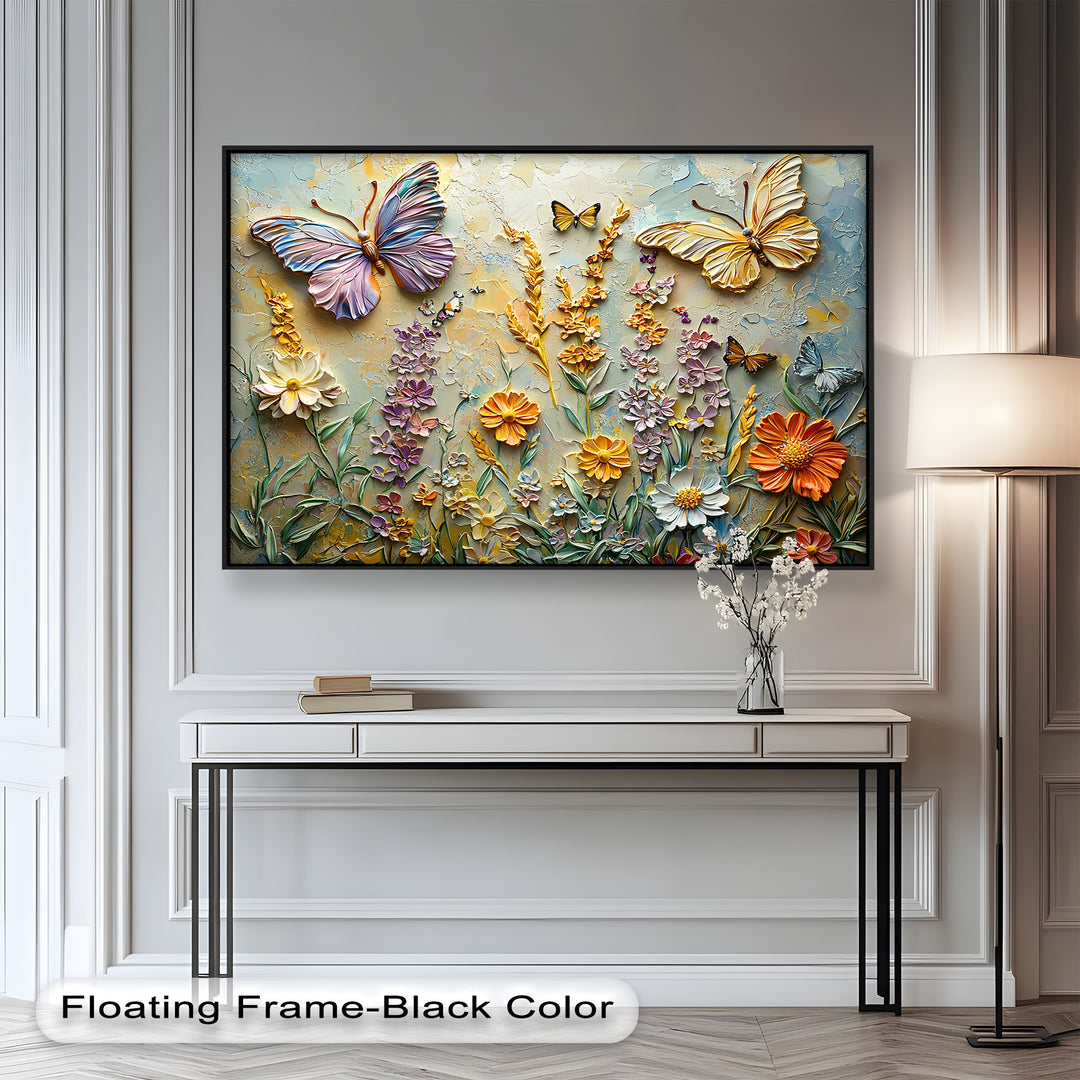 A breathtaking 3D relief artwork featuring colorful butterflies fluttering above a lush meadow of intricately sculpted flowers in warm pastel tones.