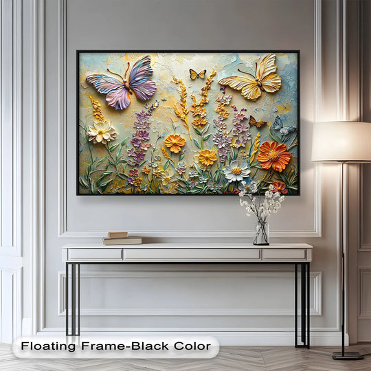 Layering effect showcases the depth of the abstract floral butterflies in this modern oil painting decoration, revealing texture and dimension in the vibrant composition.