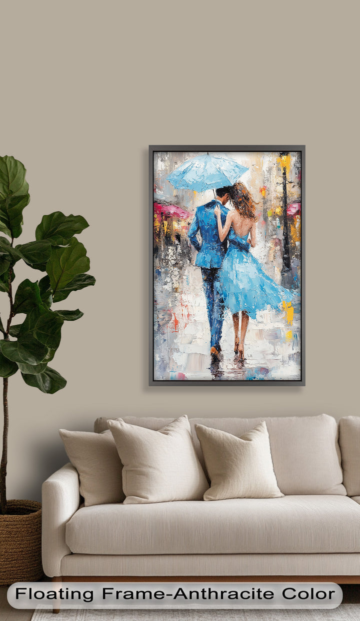 Romantic Couple Strolling in Rain - Love Oil Painting
