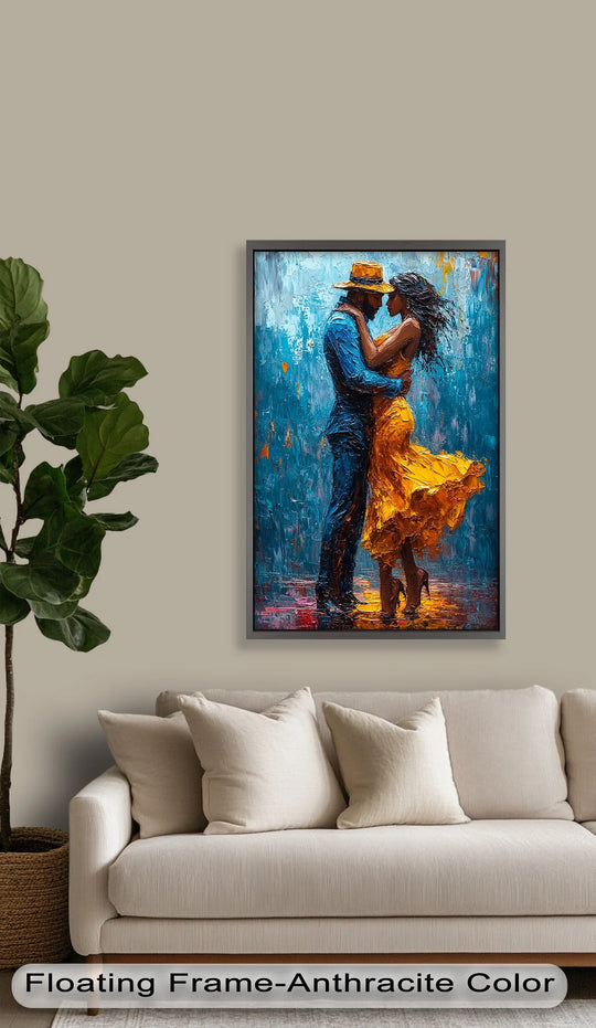 Light and shadow dance across the vibrant couple in yellow dress oil painting, showcasing the depth and texture of the modern oil painting art and the passionate midnight embrace.