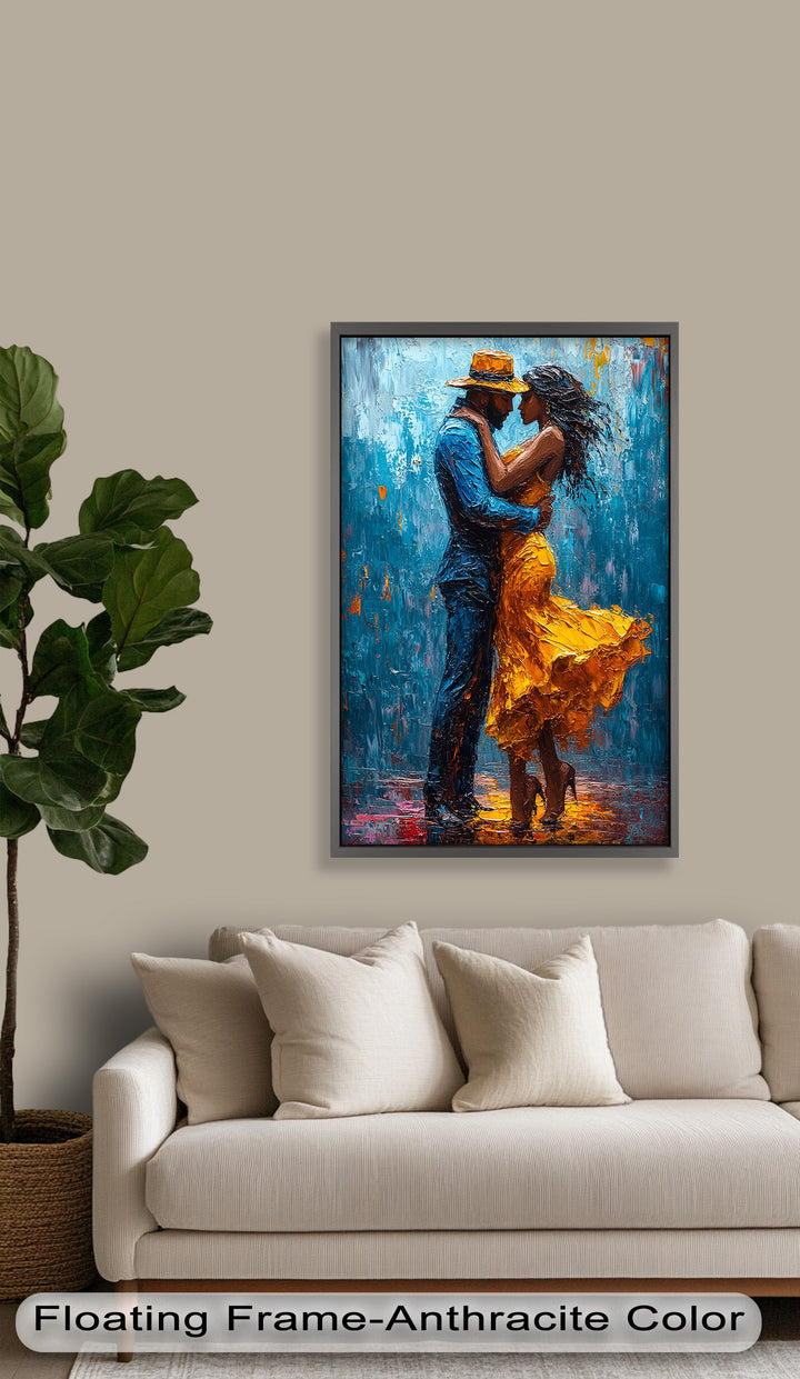 Midnight Embrace – Vibrant Couple in Yellow Dress Oil Painting