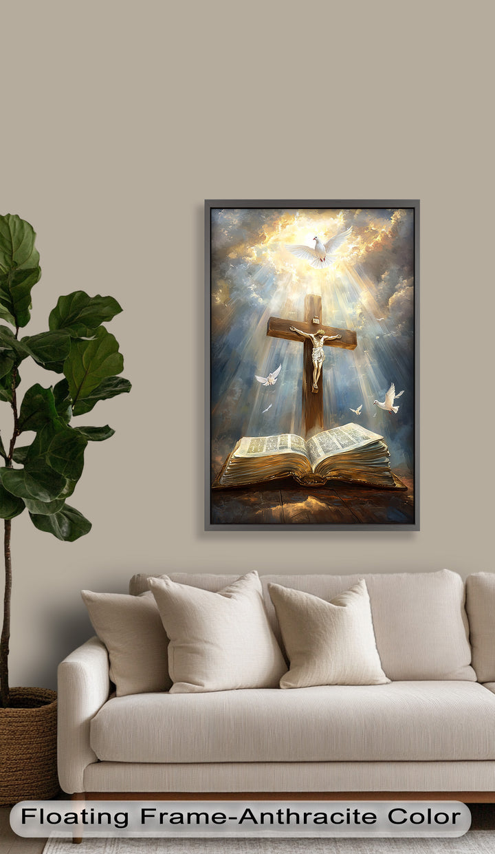 Jesus on the Cross with Open Bible and Doves - Oil Painting