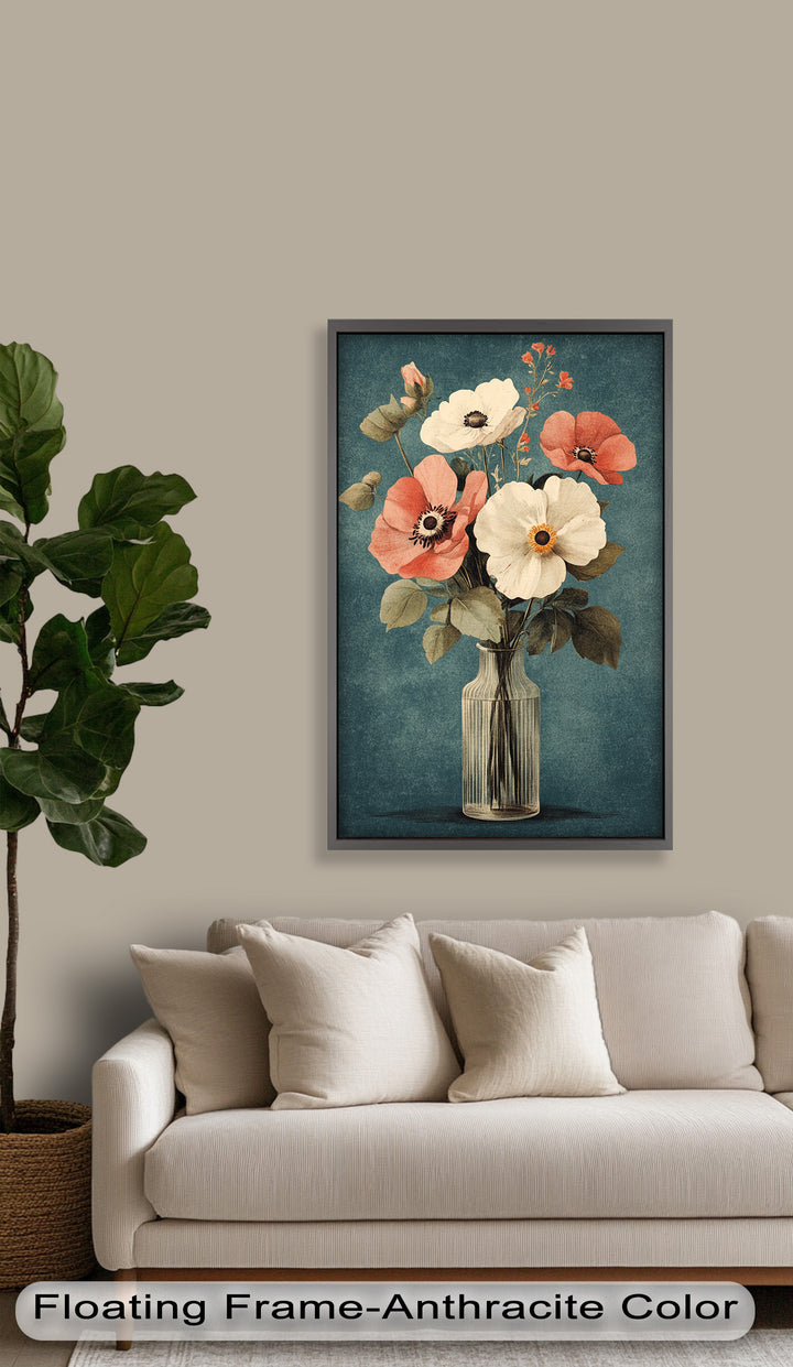 Vintage Mohnblumen in Glasvase – Romantisches Blumenölgemälde