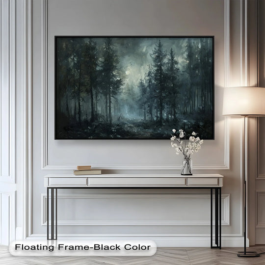 Swirling brushstrokes and misty light create a dynamic sense of movement within this dark forest oil painting decoration, evoking the ethereal glow of moonlight through the pines.