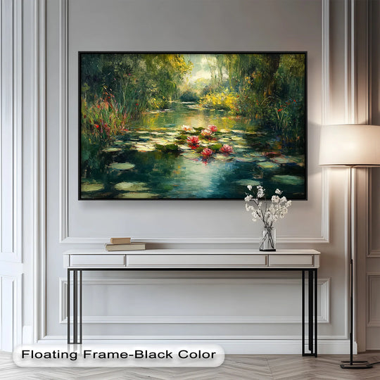 Hand-painted oil painting art prints showcase the tranquil water lilies with rich brushstrokes and vibrant colors, creating a textured and high-quality finish.
