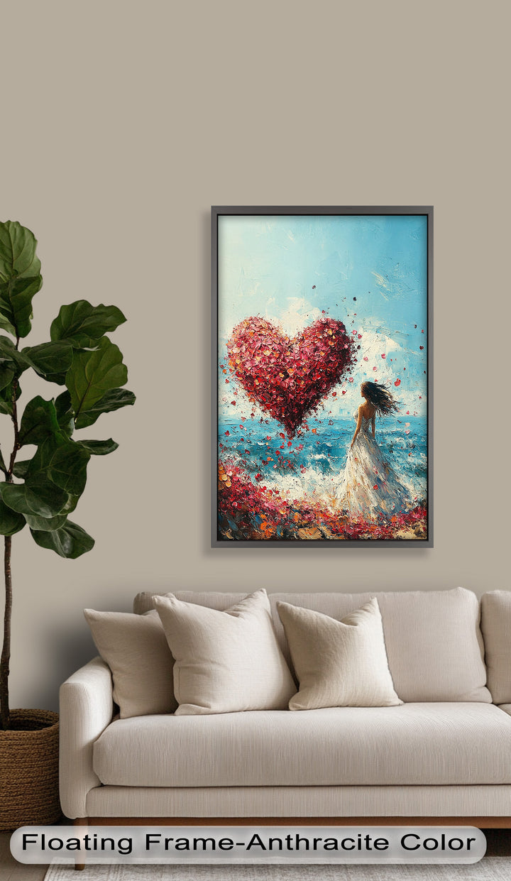 Woman with Heart-Shaped Petals Over the Sea - Love Oil Painting