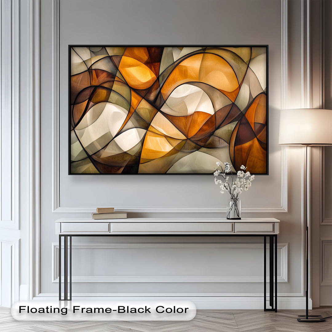 Curved geometric abstract painting with earthy tones and fluid forms.
