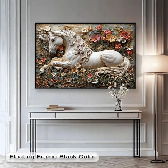 Majestic equine oil painting art prints highlight a textured white horse amidst vibrant flowers, creating an elegant and visually striking focal point.