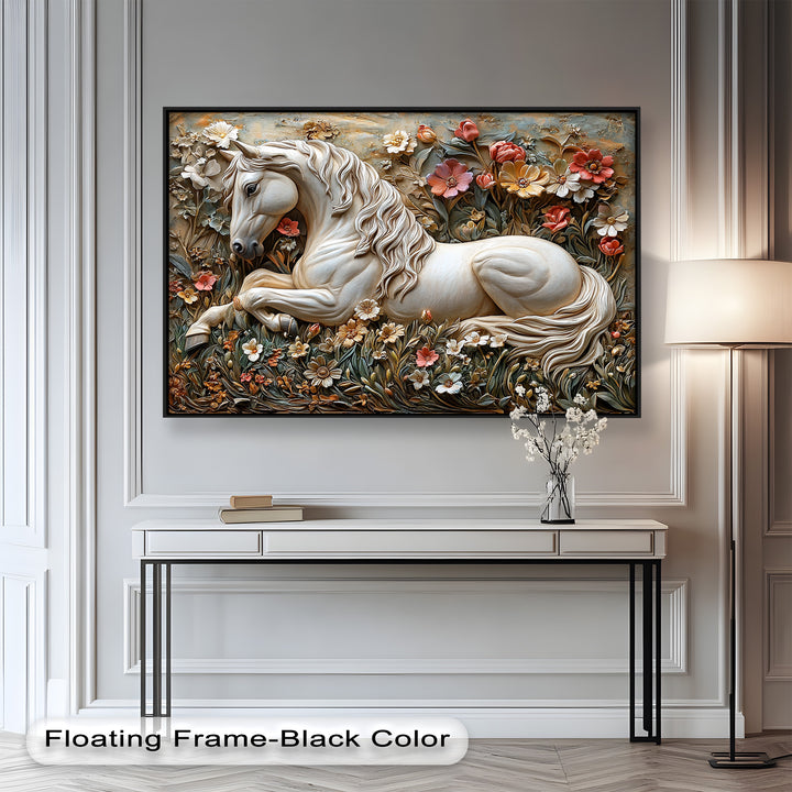 Rock Texture Flower Horse – Elegant Equine Oil Painting