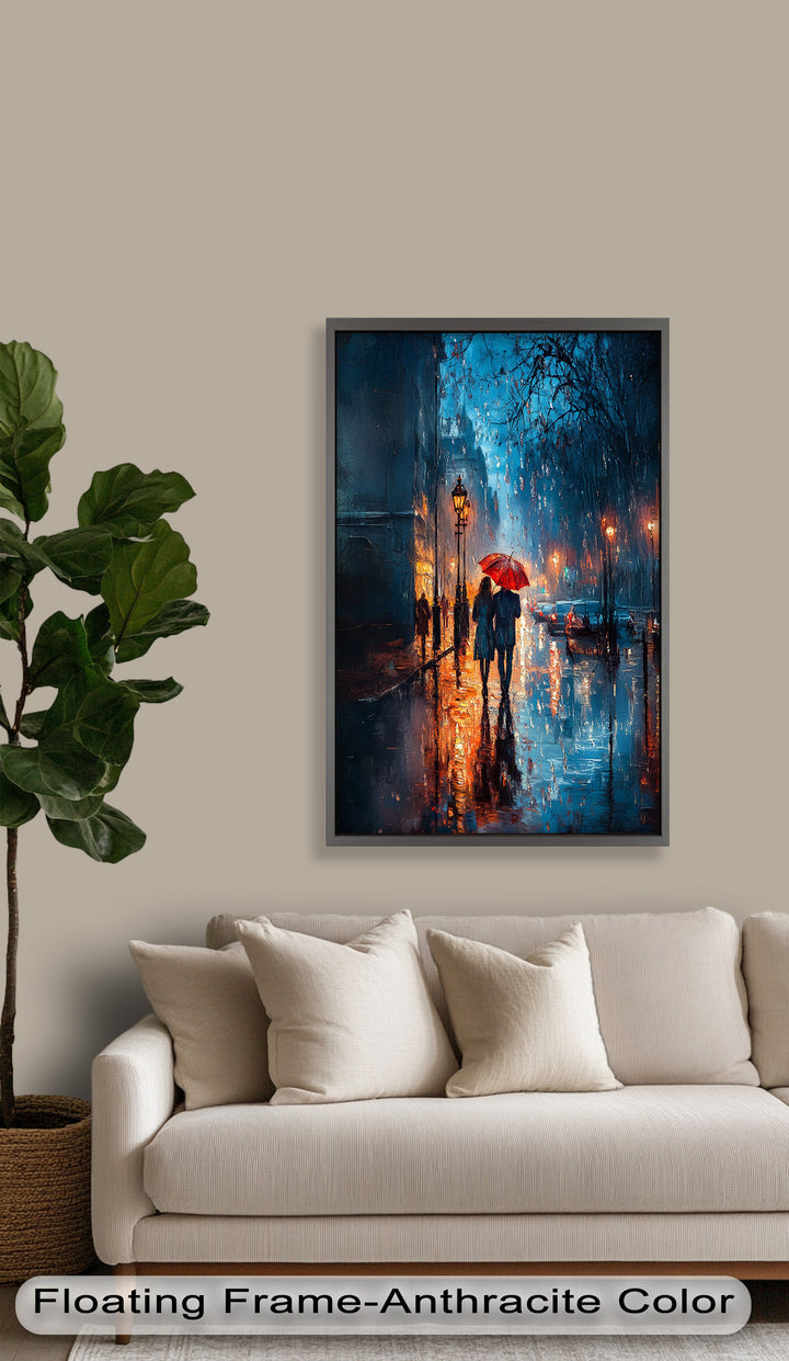 Lovers in the Rain – Romantic Night Street Oil Painting