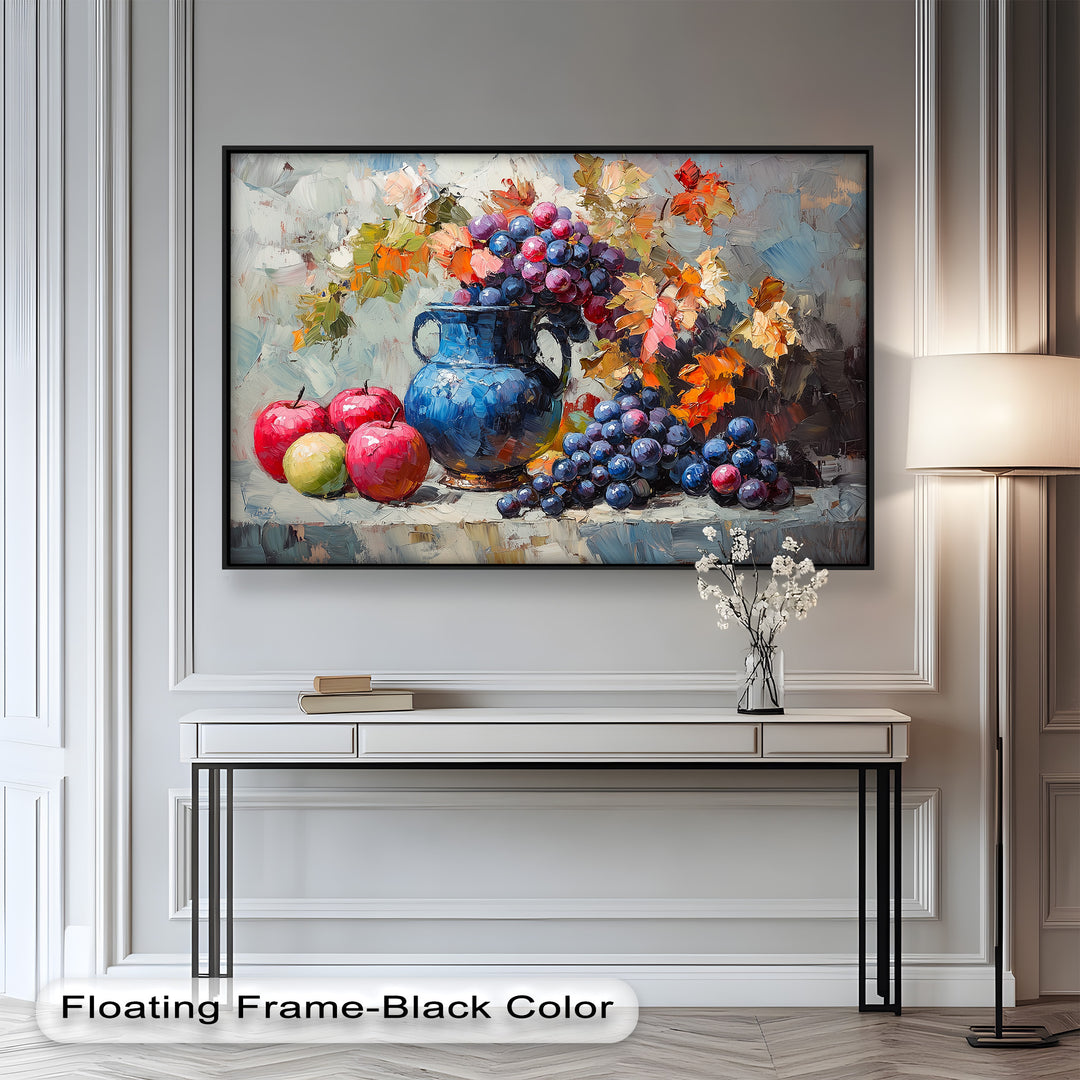 The striking blue vase anchors the composition, highlighting the lush fruits and fiery foliage that surround it.

