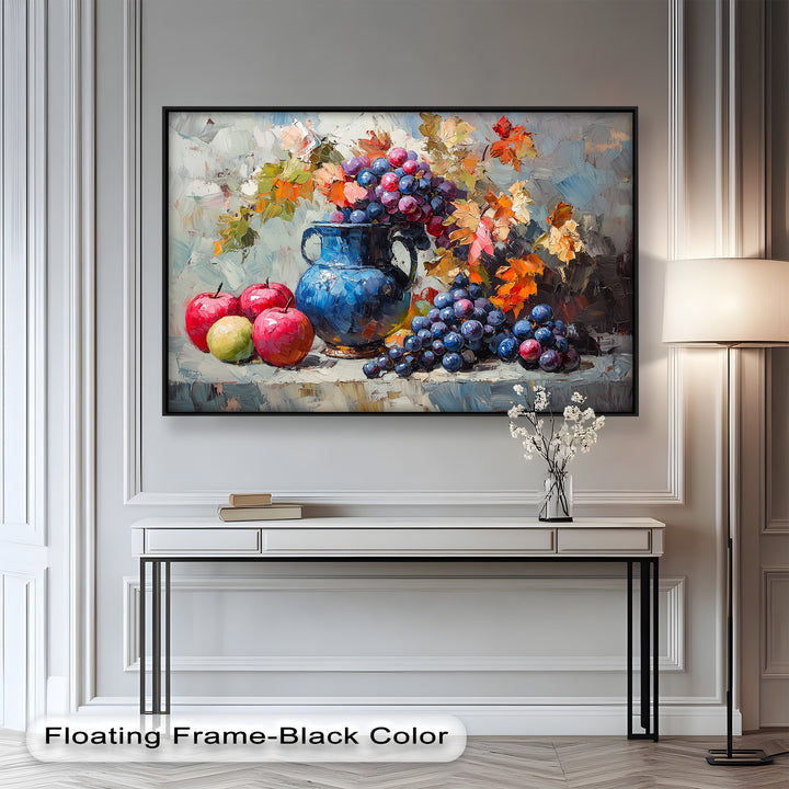 The striking blue vase anchors the composition, highlighting the lush fruits and fiery foliage that surround it.

