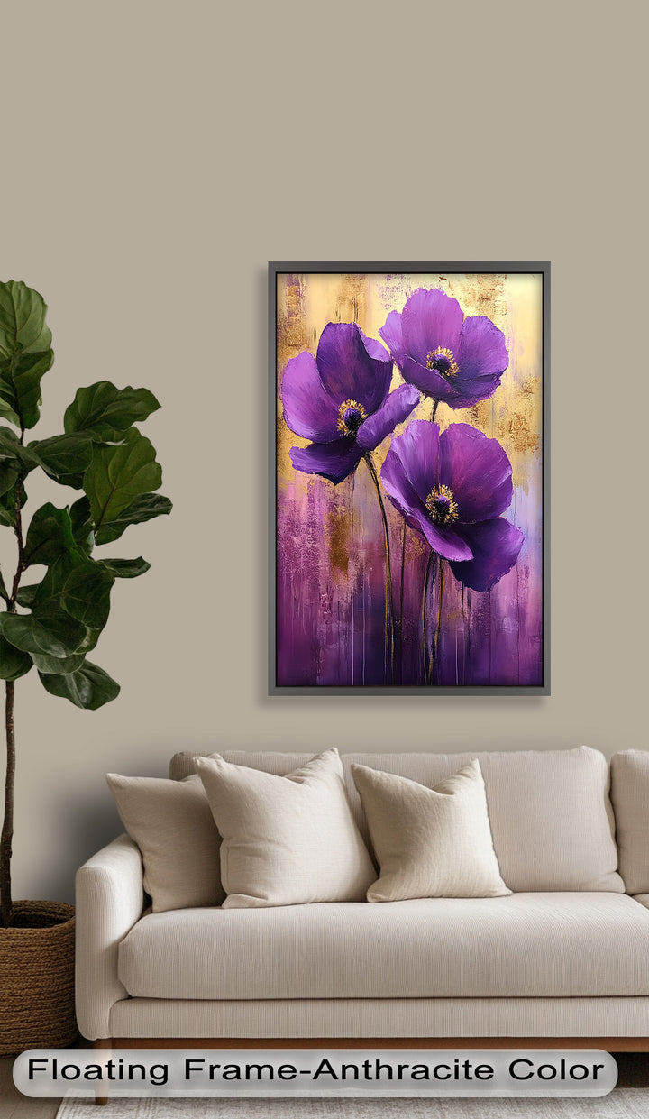 Velvet Blossoms – Purple Floral Elegance with Gold Flower Oil Painting