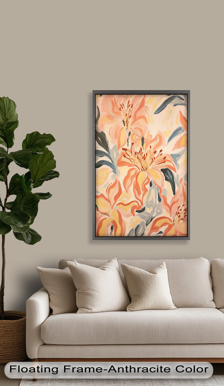 Sunlit Lilies – Abstract Coral Flower Oil Painting