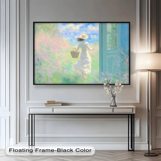 Dreamy mood in this 'Into the Bloom' oil painting artwork shows a woman entering a wildflower field, bringing calm and color to a serene oil painting.