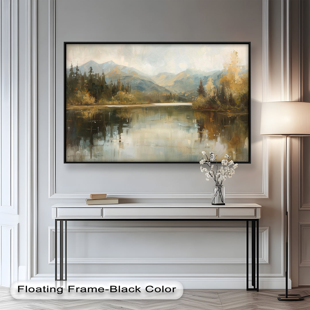 Tranquil mountain lake painting with autumn trees and soft reflections.
