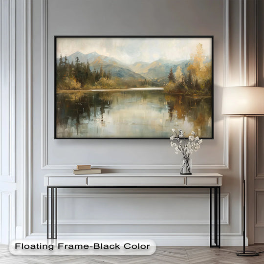 Swirling brushstrokes capture the reflective sense of movement in this lake landscape, a framed modern oil painting that brings vibrant oil painting art prints to life.