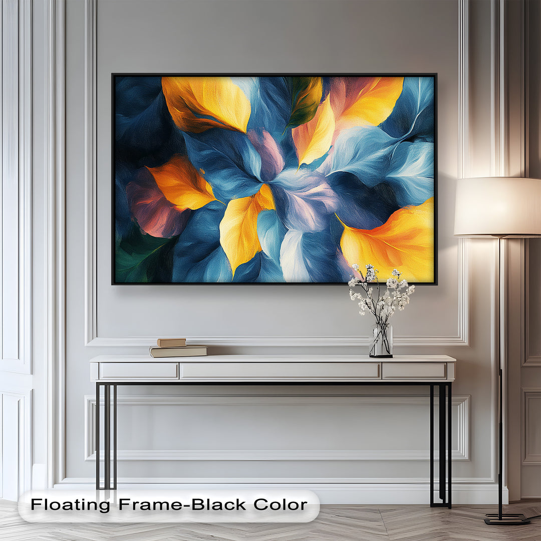 Dynamic nature-inspired artwork with layered petals in bold hues.
