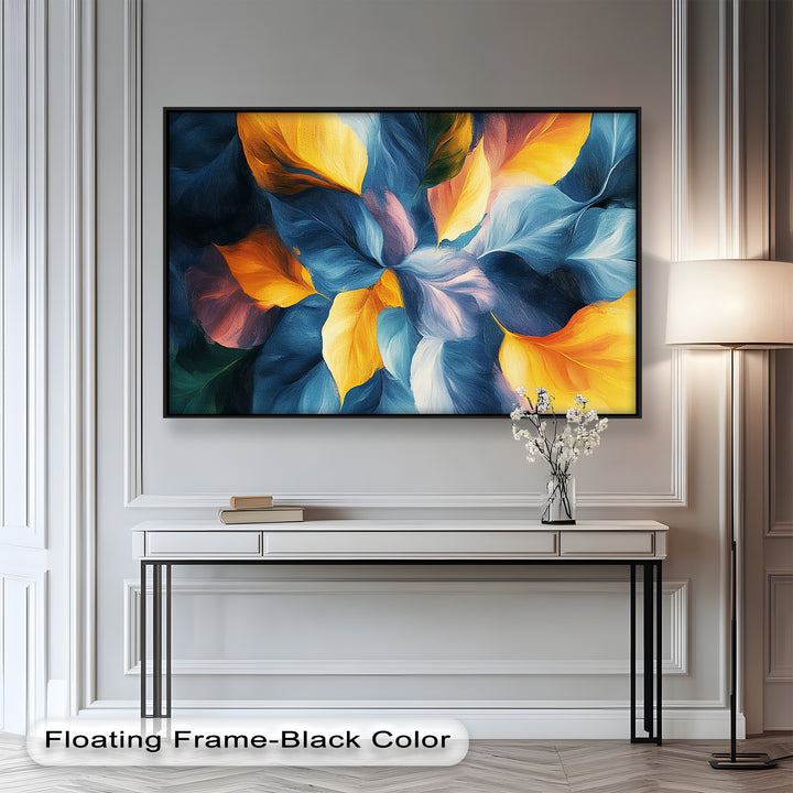 Dynamic nature-inspired artwork with layered petals in bold hues.
