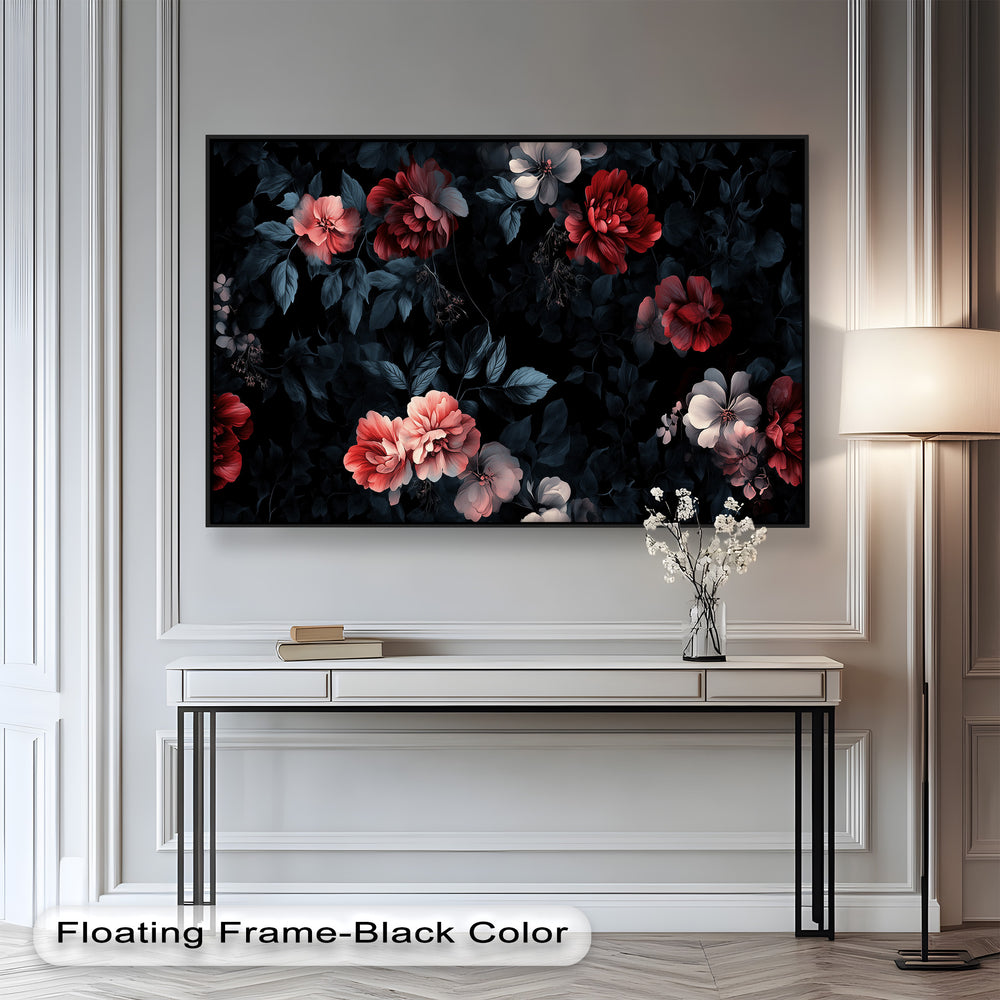 An elegant and romantic floral composition with delicate flowers in blush, crimson, and ivory tones emerging from a black backdrop.