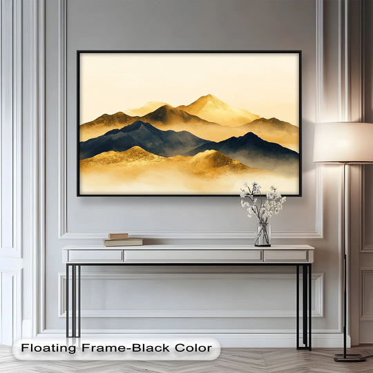 Geometric mountain shapes dominate this gold and black oil painting wall art, forming an abstract landscape with linear details in a floating frame.