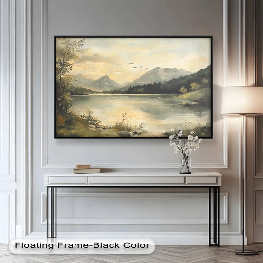 Featuring a backdrop of misty mountains and cloudy skies in the oil painting artwork, a serene landscape creates a calming atmosphere.
