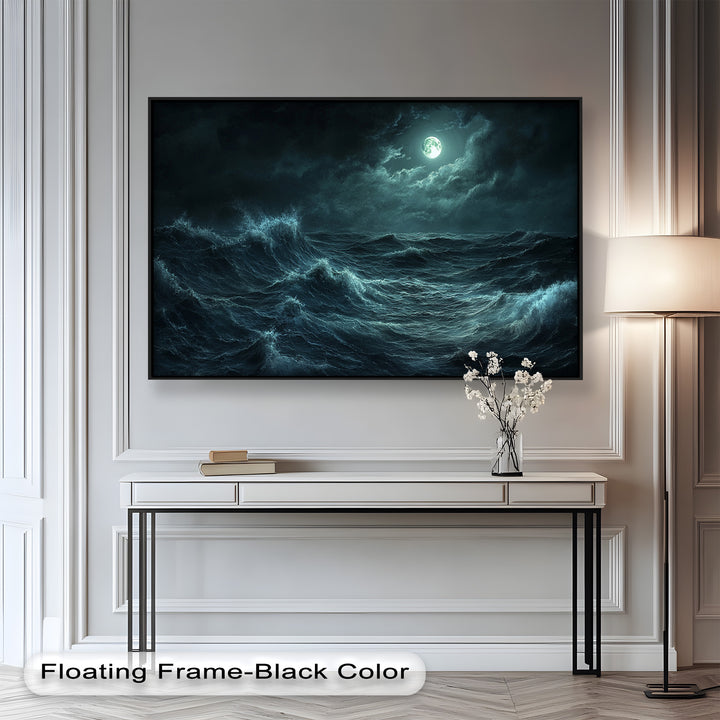 A mesmerizing tribute to the untamed sea, this painting showcases the poetic balance of darkness and light, fear and wonder.