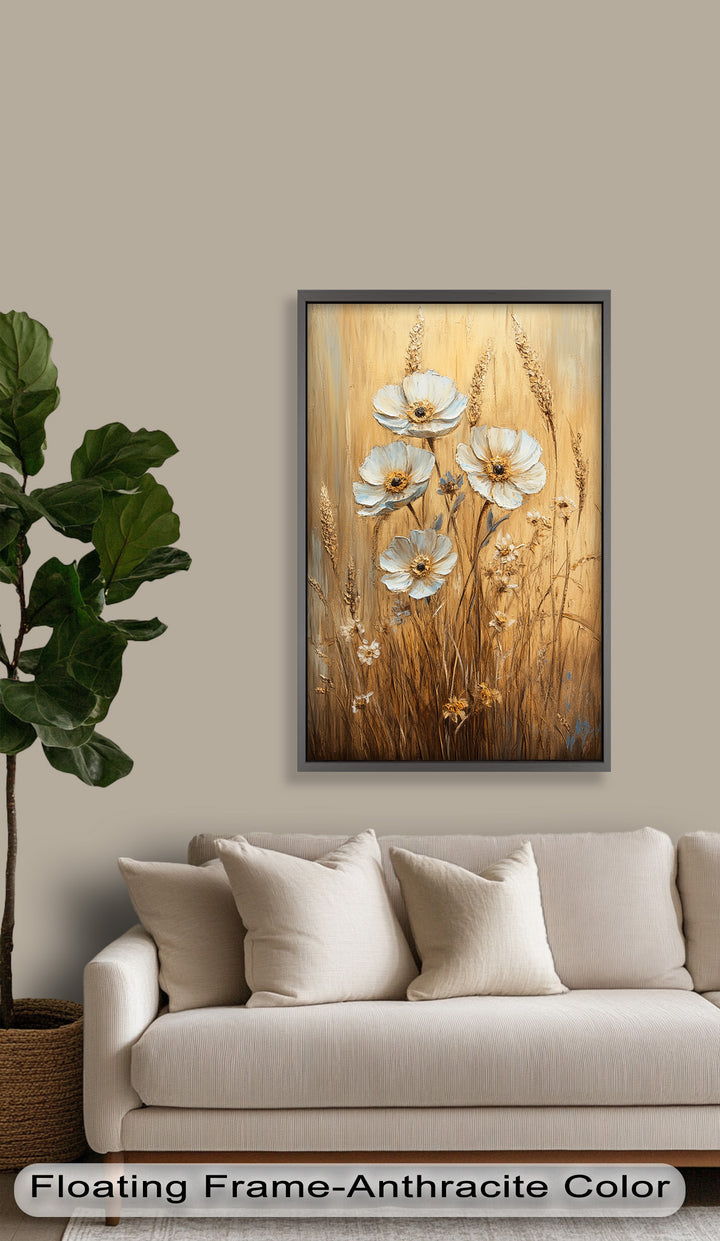 White Wildflowers in Wheat Field - Oil Painting