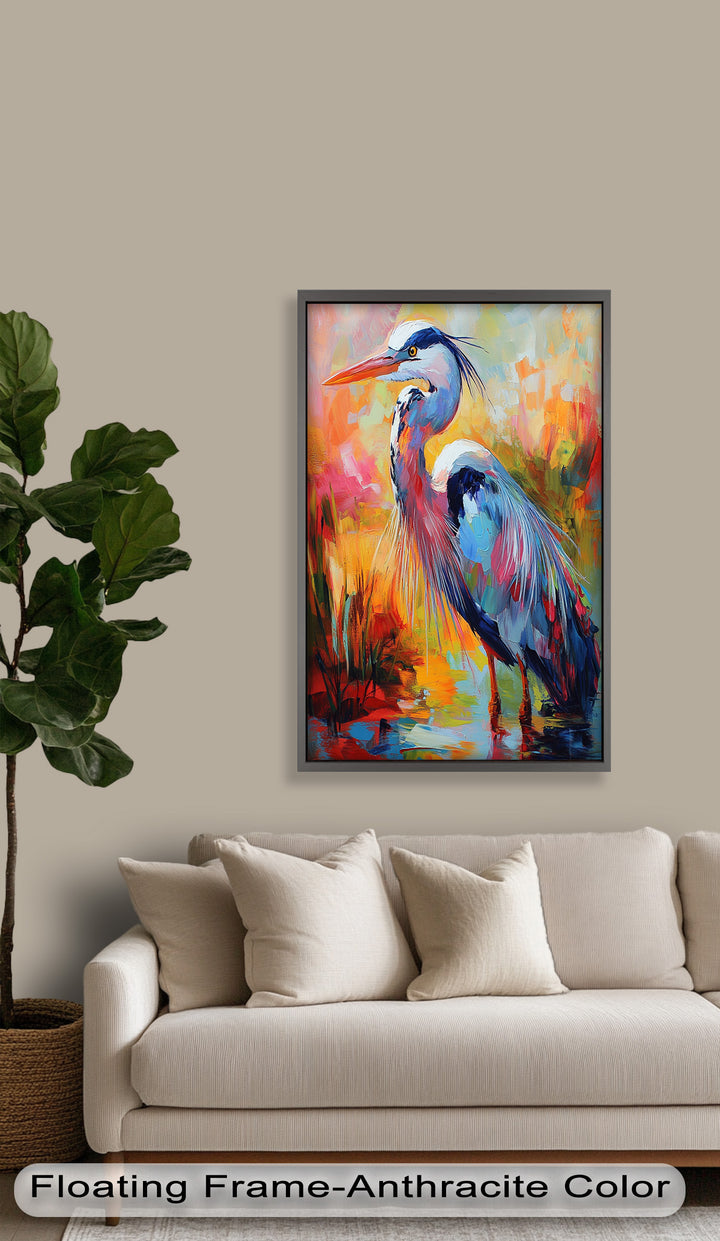 Colored Heron in Abstract Color Splash – Animal Oil Painting