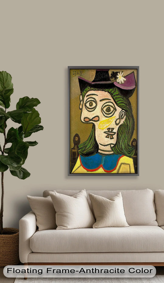 Foreground features the plush, neutral-toned sofa and throw pillows that accent this staging of the 'Whimsical Hat' oil painting art piece.