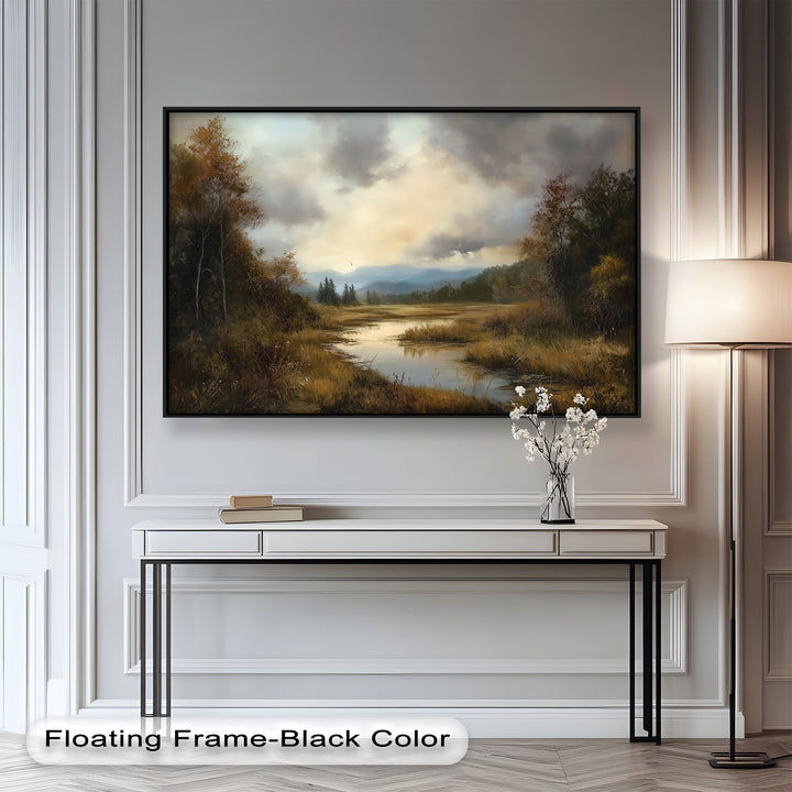 Herbstliche Flussszene Wandkunst – Landschaftsölgemälde